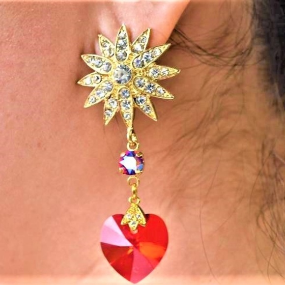 Swarovski Crystal Starburst 18mm Heart Earrings - Picture 1 of 8